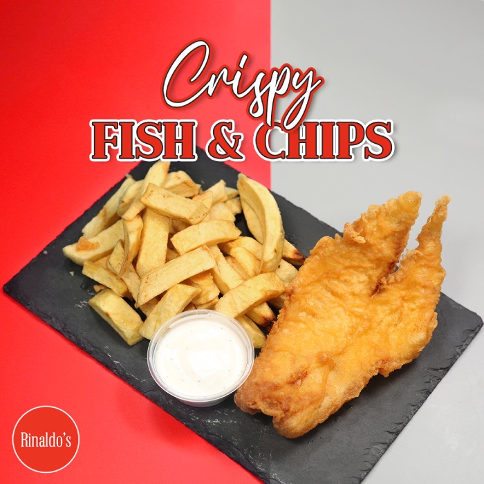 Rinaldo's crispy fish and chips. A large piece of battered fish and thick-cut fries served with 
sauce. 